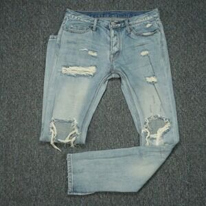 Mnml Jeans Mens 33x34 Blue Distressed Ripped Button Fly Ankle Zip Denim
